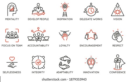 Vector Set of Linear Icons Related to Leadership Traits, Qualities for Success. Development and Teamwork. Mono Line Pictograms and Infographics Design Elements - part 1