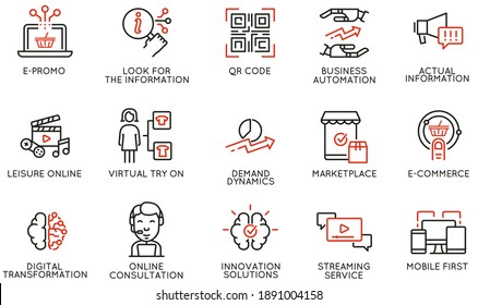 Vector Set Of Linear Icons Related To Business Automation, Convenience Of Purchasing Products, Change In Demand And Digital Transformation. Mono Line Pictograms And Infographics Design Elements