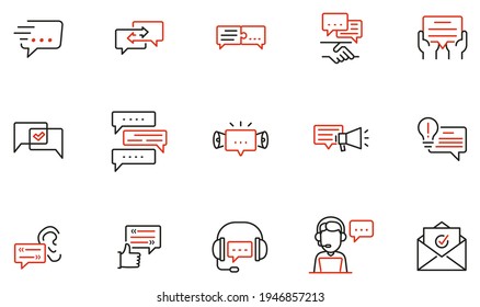 Vector Set of Linear Icons Related to Communication, Message, Consultation Service, Group Chat and Conversation. Mono line pictograms and infographics design elements