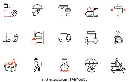 Vector Set of Linear Icons Related to Tracking Order, Shipping and Experess Delivery Process. Delivery Home and Office. Mono line pictograms and infographics design elements