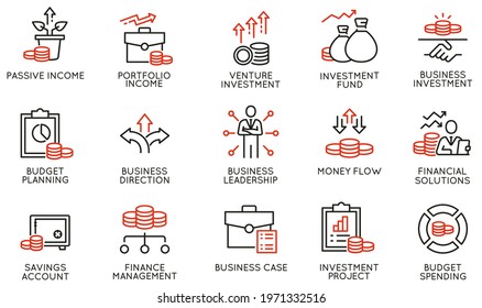 Vektorset mit linearen Symbolen für Unternehmensinvestitionen, Handelsdienstleistungen, Anlagestrategie und Finanzmanagement. Mono-Line-Piktogramme und Infografik-Design-Elemente