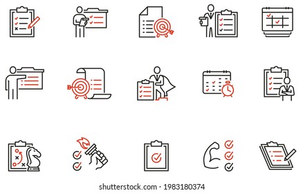 Conjunto de vectores de iconos lineales relacionados con la lista de verificación, motivación, entrenamiento. Esforzarse por lograr el éxito y el objetivo establecido. Pictogramas de línea monográfica y elementos de diseño de infografías