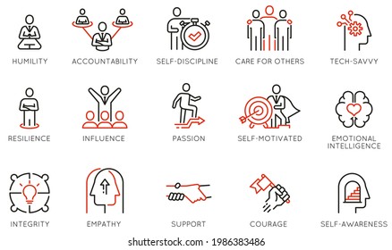 Conjunto de vectores de iconos lineales relacionados con los rasgos de liderazgo, las cualidades para el éxito. Desarrollo y trabajo en equipo. Pictogramas de línea monográfica y elementos de diseño de infografía - parte 4