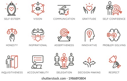 Vector Set of Linear Icons Related to Leadership Traits, Qualities for Success. Development and Teamwork. Mono Line Pictograms and Infographics Design Elements - part 5