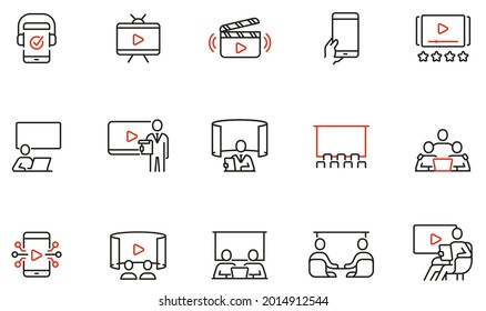 Vector Set of Linear Icons Related to Video Content, Media Product and Joint Viewing. Mono Line Pictograms and Infographics Design Elements