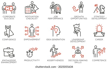 Vector Set of Linear Icons Related to Coaching, Skills, Career Development, Striving for Self-Realization and Leadership Development. Mono Line Pictograms and Infographics Design Elements