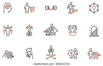 Vector set of linear icons related to assertiveness, striving for development, self-realization and career progress. Mono line pictograms and infographics design elements
