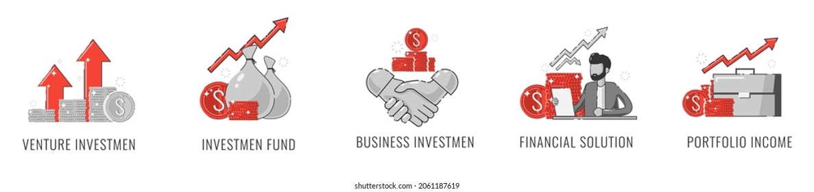 Conjunto de vectores de iconos lineales relacionados con la inversión empresarial, el servicio comercial, la estrategia de inversión y la gestión financiera. Web