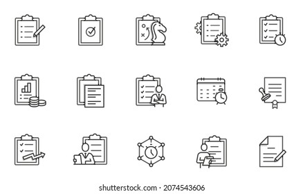 Vector set of linear icons related to checklist, calendar, appointment, planning and time management. Mono line pictograms and infographics design elements with shadows