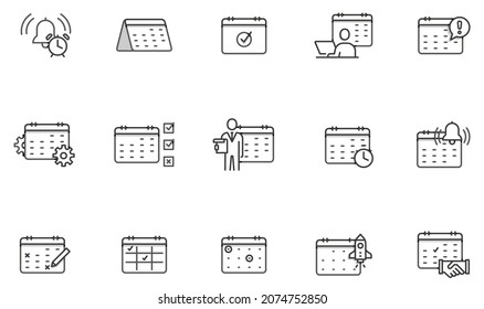 Vector set of linear icons related to calendar, appointment, planning, time management and scheduled tasks. Mono line pictograms and infographics design elements with shadows
