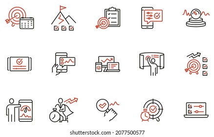 Vektorset von linearen Symbolen in Bezug auf Produktivität, Aufgabenmanagement, Dashboards von Apps, Arbeitsfortschritt und Leistungsindikatoren. Mono-Line-Piktogramme und Infografik-Design-Elemente 