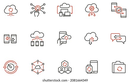 Vektorset linearer Symbole in Bezug auf den Netzwerk-Cloud-Dienst, Cloud-Speicher, 
Datenübertragung und -synchronisierung. Mono-Line-Piktogramme und Infografik-Design-Elemente 
