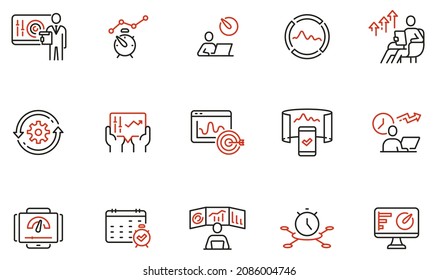 Vector set of linear icons related to productivity time, task management, dashboards of apps, work progress and performance indicators. Mono line pictograms and infographics design elements - part 2 - Shutterstock ID 2086004746