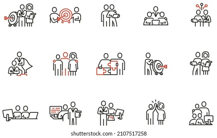 Image vectorielle ensemble d'icônes linéaires liées au leadership d'entreprise, aux relations, à la gestion des ressources humaines, à la coopération et au travail d'équipe. pictogrammes monographiques et éléments de conception infographique