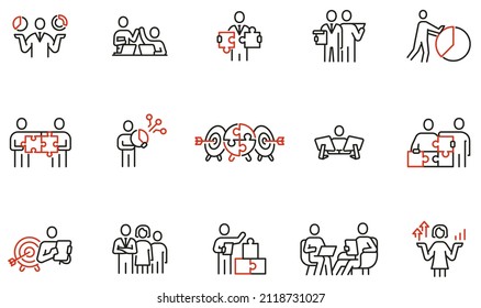 Vektorgrafik von linearen Symbolen im Zusammenhang mit Unternehmensführung, Geschäftsbeziehung, Personalmanagement, Zusammenarbeit und Teamarbeit. Mono-line-Piktogramme und Infografik-Design-Elemente - Teil 2