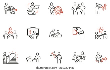 Vektorgrafik von linearen Symbolen im Zusammenhang mit Unternehmensführung, Geschäftsbeziehung, Personalmanagement, Zusammenarbeit und Teamarbeit. Mono-Line-Piktogramme und Infografik-Design-Elemente - Teil 3