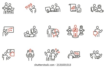 Image vectorielle ensemble d'icônes linéaires liées au leadership d'entreprise, aux relations, à la gestion des ressources humaines, à la coopération et au travail d'équipe. pictogrammes monographiques et éléments de conception infographique 