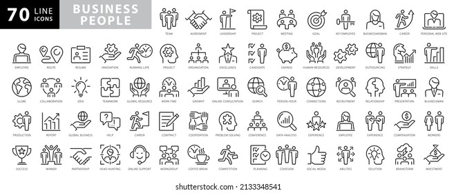 Vector set of linear icons related to business process, team work and human resource management. Mono line pictograms and infographics design elements - Shutterstock ID 2133348541