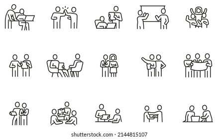Image vectorielle ensemble d'icônes linéaires liées aux relations d'affaires, au travail d'équipe, à la gestion des ressources humaines et au partenariat. pictogrammes monographiques et éléments de conception infographique