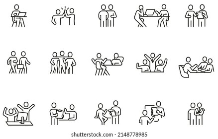 Conjunto de vectores de iconos lineales relacionados con reuniones de negocios, discusión, relación y negociación. Pictogramas de línea monográfica y elementos de diseño de infografías