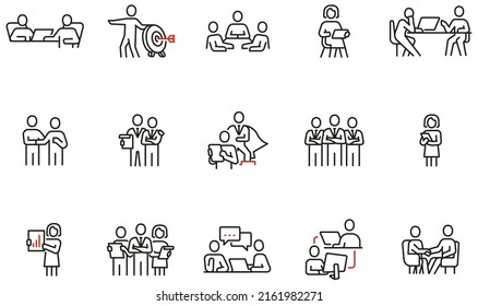 Conjunto vectorial de iconos lineales relacionados con la reunión de negocios, la discusión, la relación y la negociación. Pictogramas de línea monográfica y elementos de diseño de infografías