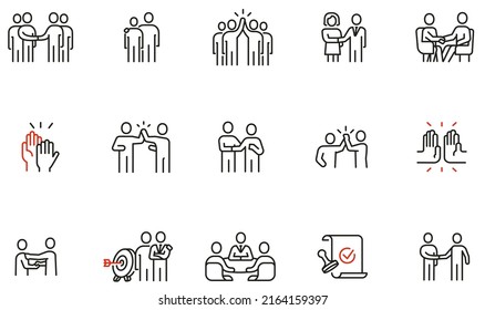 Conjunto de vectores de iconos lineales relacionados con la negociación comercial, la asociación y la reunión. Pictogramas de línea monográfica y elementos de diseño de infografías