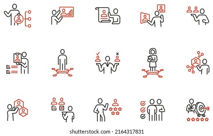 Conjunto de vectores de iconos lineales relacionados con competencia, contratación, selección de personal, gestión de recursos humanos. Pictogramas de línea monográfica y elementos de diseño de infografías