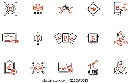 Conjunto de vectores de iconos lineales relacionados con el servicio comercial, dinero digital, criptodivisa, finanzas y gestión de bitcoin. Pictogramas de línea monográfica y elementos de diseño de infografías