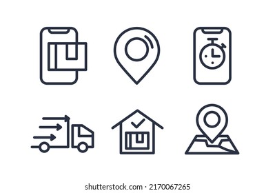 Conjunto de vectores de iconos lineales relacionados con el proceso de entrega rápida, el hogar de entrega, sin contacto y el pedido de recogida en línea en Curbside. Pictogramas de línea de mono y elementos de diseño de infografía. interfaz de usuario, conjunto de interfaces UX