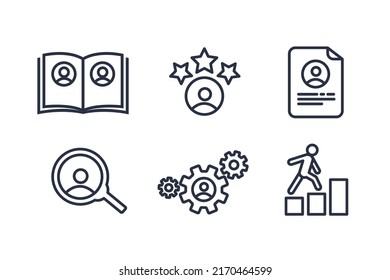 Vector Set of Linear Icons Related to Recruitment, Career Progress and Personal Development. Mono Line Pictograms and Infographics Design Elements. Corporate management and business leader training