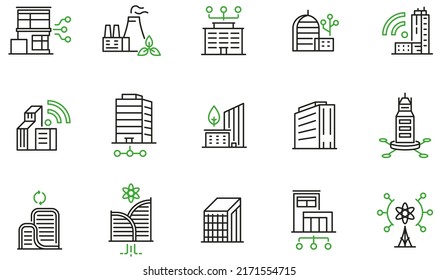 Vektorset von linearen Symbolen Verbunden mit Technologie für intelligentes Urbanismus, intelligente Stadt- und Stadtentwicklung. Mono-line-Piktogramme und Infografik-Design-Elemente - Teil 5