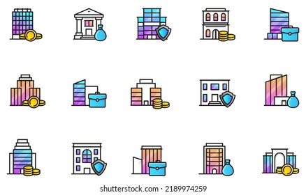 Vector Set of Linear Icons Related to bank buildings and financial consultations and services. Mono line pictograms and infographics design elements with gradients