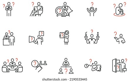 Vector Set of Linear Icons Related to problematic issue, uncertainty and confusion. Mono line pictograms and infographics design elements