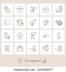 Vector set of linear icons related to slow fashion and sustainable made textiles, fabrics, garments, and clothes - eco-friendly manufacturing and fair trade certified producing. EPS 10.