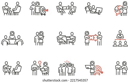 Vector set of linear icons related to collaboration on a project or enterprise, business team and collaboration. Mono line pictograms and infographics design elements