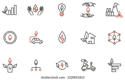 Vector Set of Linear Icons Related to Greens Technology, Balance in the Interaction of Smart Technologies and Life. Mono line pictograms and infographics design elements