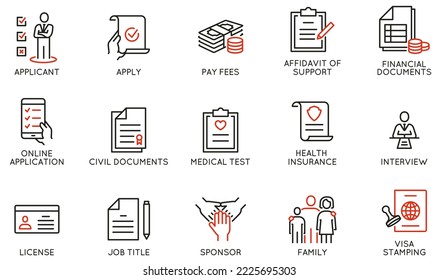 Vector set of linear icons related to emigration process and required documents. Mono line pictograms and infographics design elements 