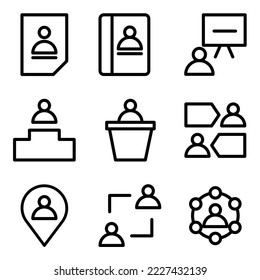 Vector set of linear icons related to business process, team work and human resource management. Mono line pictograms and infographics design element
