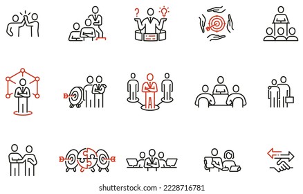 Vector Set of Linear Icons Related to Teamwork, Cooperation, Collaboration and Mission. Mono line pictograms and infographics design elements