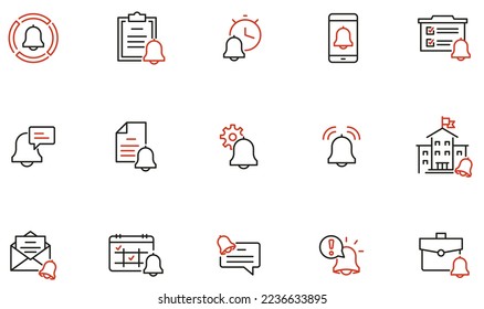 Vector Set of Linear Icons Related to Notification, Reminder and Bell. Mono Line Collection Icons and Infographics Design Elements
