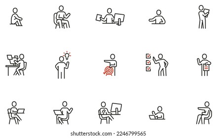 Vector Set of Linear Icons Related to Staff, Employees, Work Situations and Positions. Mono Line Collection Icons and Infographics Design Elements