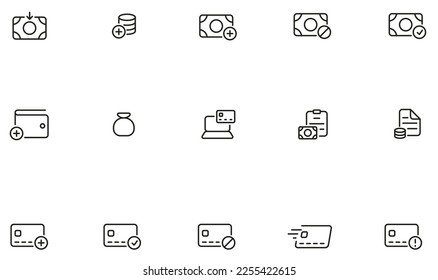 Conjunto de vectores de iconos lineales relacionados con el pago, el balance presupuestario y la gestión financiera. Pictogramas de línea monográfica y elementos de diseño de infografía - parte 4