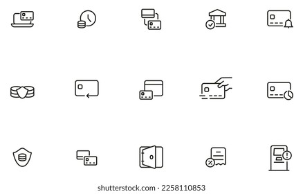 Conjunto de vectores de iconos lineales relacionados con el pago, el balance presupuestario y la gestión financiera. Pictogramas de línea monográfica y elementos de diseño de infografía - parte 6