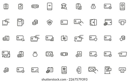 Vector set of linear icons related to finance management, payment and bank services. Mono line pictograms and infographics design elements
