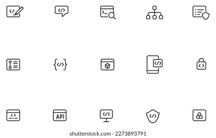 Vektorset mit linearen Symbolen in Verbindung mit Coding und Programmierung von Websites, mobilen Anwendungen. Mono-Line-Piktogramme und Infografik-Design-Elemente - Teil 1