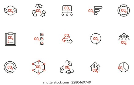 Vektorset mit linearen Symbolen im Zusammenhang mit zunehmender Umweltverschmutzung. Niveau und Messung des Kohlendioxids. Mono-Line-Piktogramme und Infografik-Design-Elemente