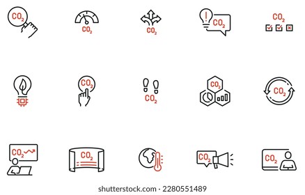 Vektorset mit linearen Symbolen im Zusammenhang mit zunehmender Umweltverschmutzung. Niveau und Messung des Kohlendioxids. Mono-Line-Piktogramme und Infografik-Design-Elemente - Teil 2