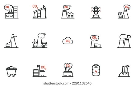 Vector Set of Linear Icons Related to Increasing Environmental Pollution. Emission of Carbon Dioxide and Energy Industry. Mono Line Pictograms and Infographics Design Elements 