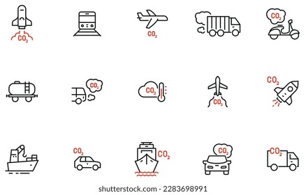 Vektorset mit linearen Symbolen im Zusammenhang mit der zunehmenden Transportverschmutzung. Emission von Kohlendioxid. Mono-Line-Piktogramme und Infografik-Design-Elemente 