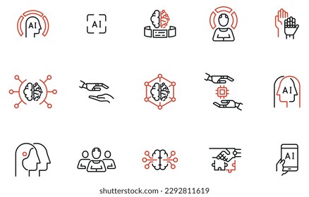 Vector Set of Linear Icons Related to Artificial Intelligence and Neural Network. Human interactive tech interaction. Mono Line Pictograms and Infographics Design Elements